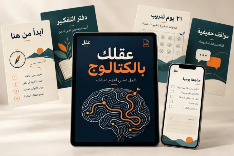 مجموعة عقلك بالكتالوج الرقمية على تابلت وموبايل ومعها أربع ملفات PDF للتطبيق